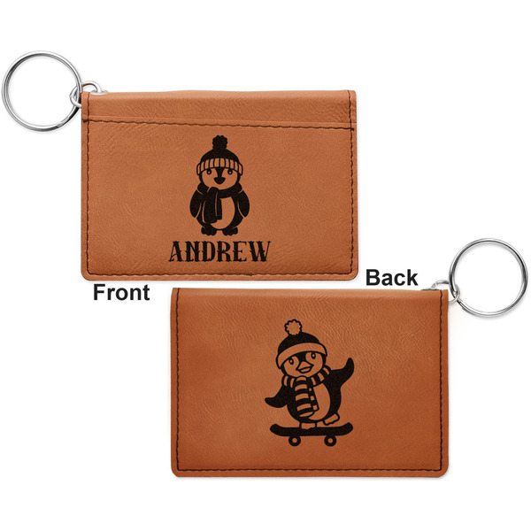 Christmas Penguins Cognac Leatherette Keychain ID Holders - Front and Back Apvl