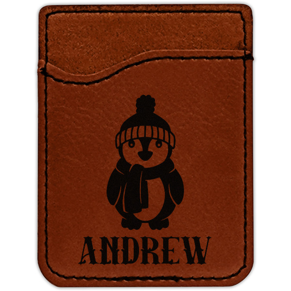 Christmas Penguins Cognac Leatherette Phone Wallet close up