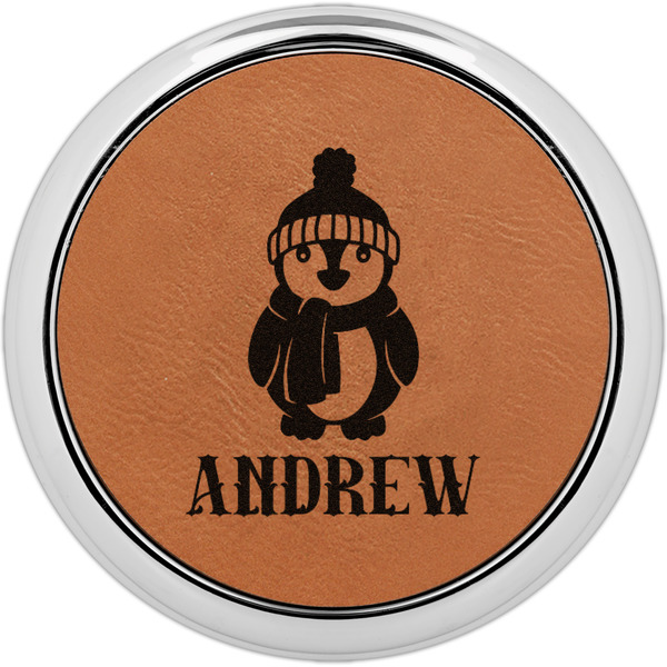 Custom Christmas Penguins Set of 4 Leatherette Round Coasters w/ Silver Edge (Personalized)
