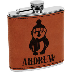 Christmas Penguins Leatherette Wrapped Stainless Steel Flask (Personalized)