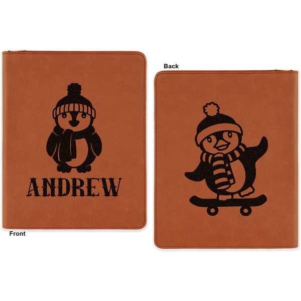 Christmas Penguins Cognac Leatherette Zipper Portfolios with Notepad - Double Sided - Apvl