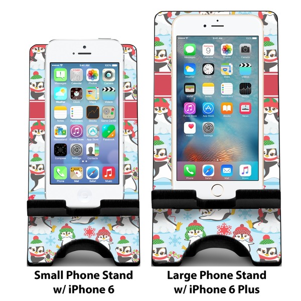 Christmas Penguins Compare Phone Stand Sizes - with iPhones