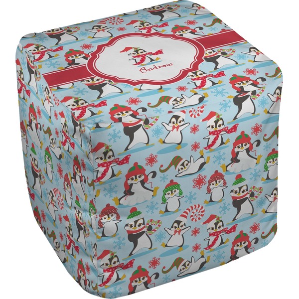 Custom Christmas Penguins Cube Pouf Ottoman (Personalized)
