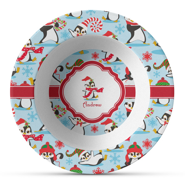 Custom Christmas Penguins Plastic Bowl - Microwave Safe - Composite Polymer (Personalized)