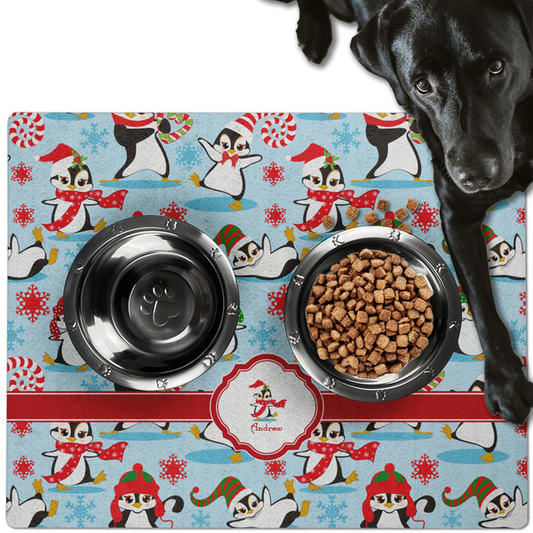Custom Christmas Penguins Dog Food Mat - Large w/ Name or Text