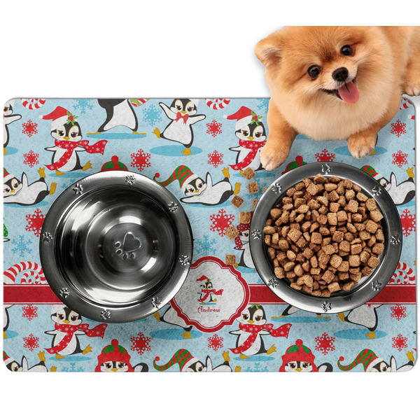 Custom Christmas Penguins Dog Food Mat - Small w/ Name or Text