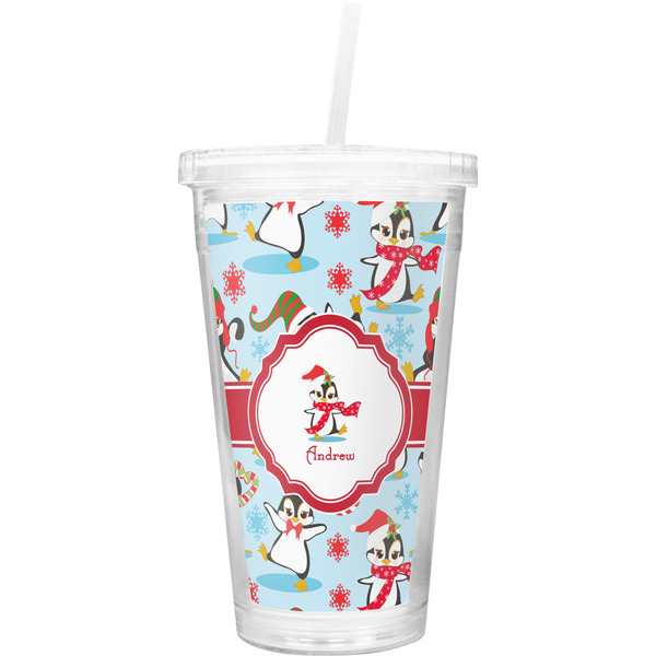 Custom Christmas Penguins Double Wall Tumbler with Straw (Personalized)