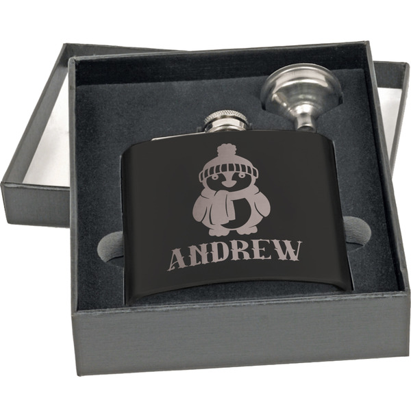 Christmas Penguins Engraved Black Flask Gift Set