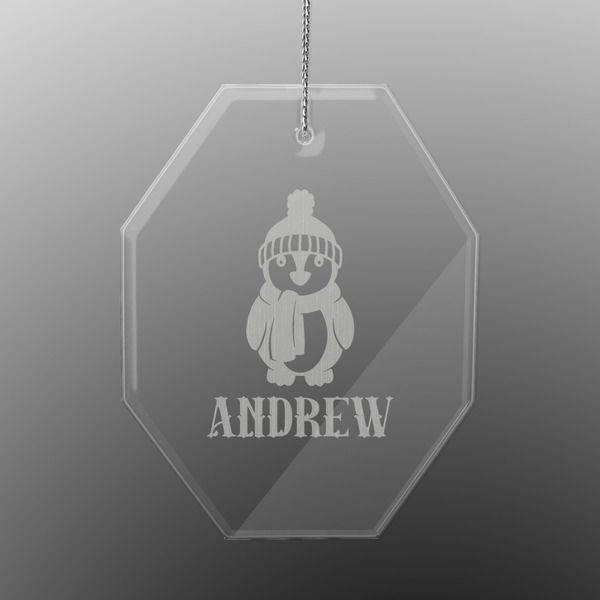 Custom Christmas Penguins Engraved Glass Ornament - Octagon (Personalized)