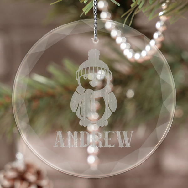 Custom Christmas Penguins Engraved Glass Ornament (Personalized)