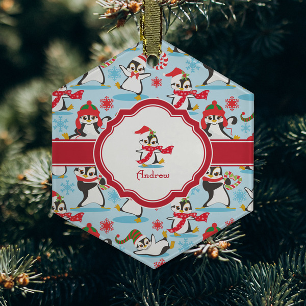 Christmas Penguins Frosted Glass Ornament - Hexagon (Lifestyle)