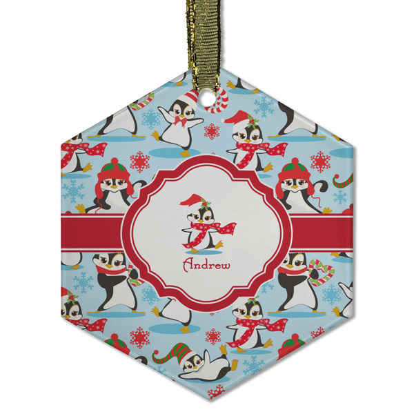 Custom Christmas Penguins Flat Glass Ornament - Hexagon w/ Name or Text