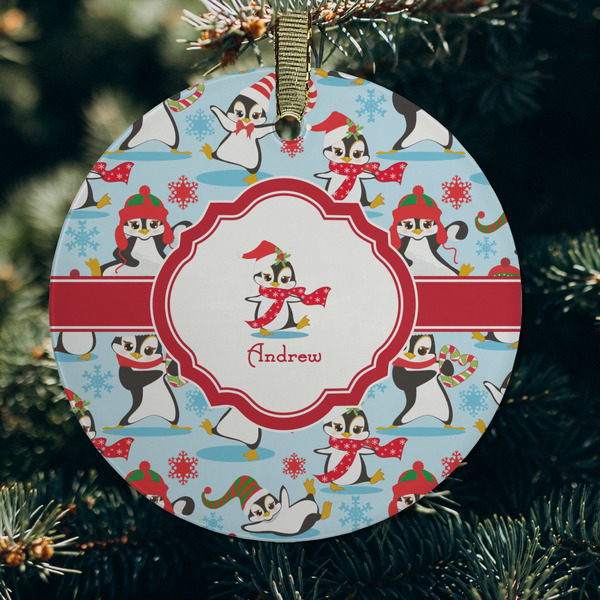 Christmas Penguins Frosted Glass Ornament - Round (Lifestyle)
