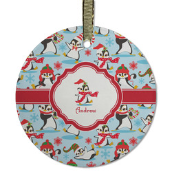 Christmas Penguins Flat Glass Ornament - Round w/ Name or Text