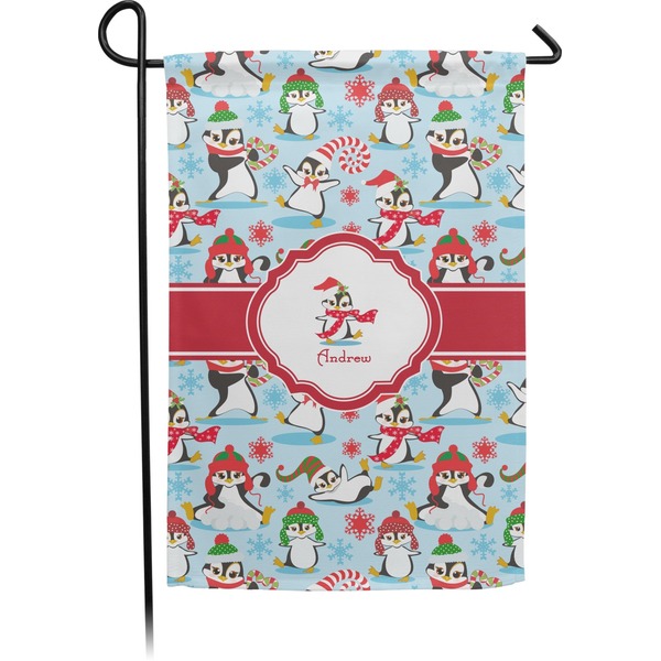 Custom Christmas Penguins Small Garden Flag - Double Sided w/ Name or Text