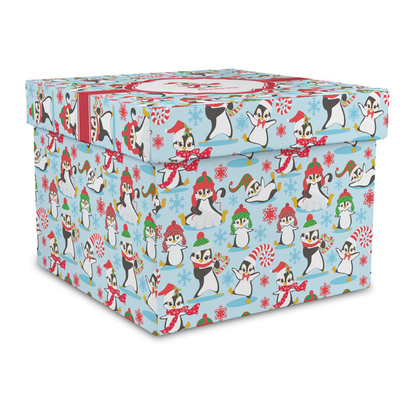 Custom Christmas Penguins Gift Box with Lid - Canvas Wrapped - Large (Personalized)