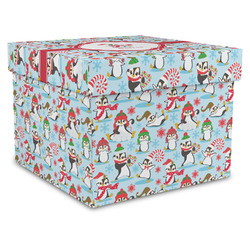 Christmas Penguins Gift Box with Lid - Canvas Wrapped - X-Large (Personalized)