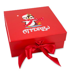 Christmas Penguins Gift Box with Magnetic Lid - Red (Personalized)