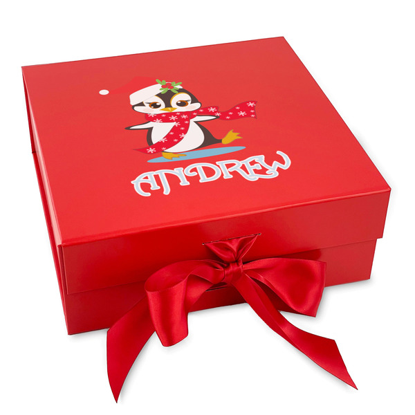 Custom Christmas Penguins Gift Box with Magnetic Lid - Red (Personalized)