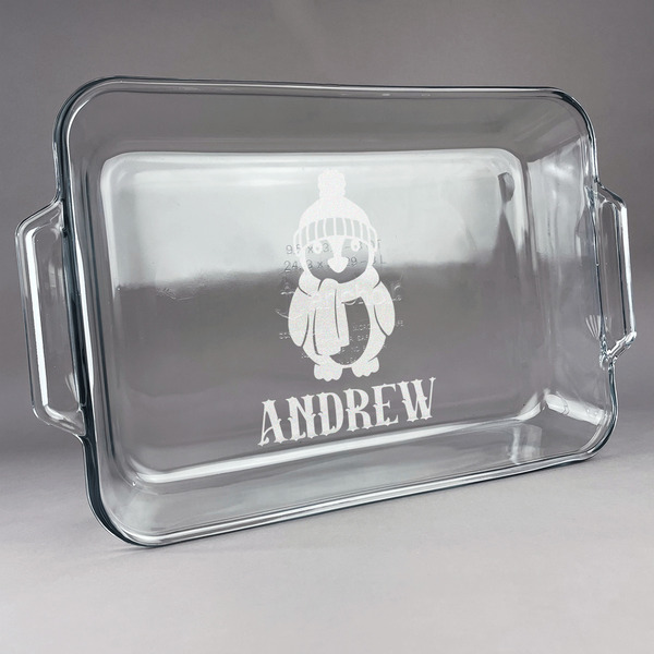 Custom Christmas Penguins Glass Baking Dish with Truefit Lid - 13in x 9in (Personalized)