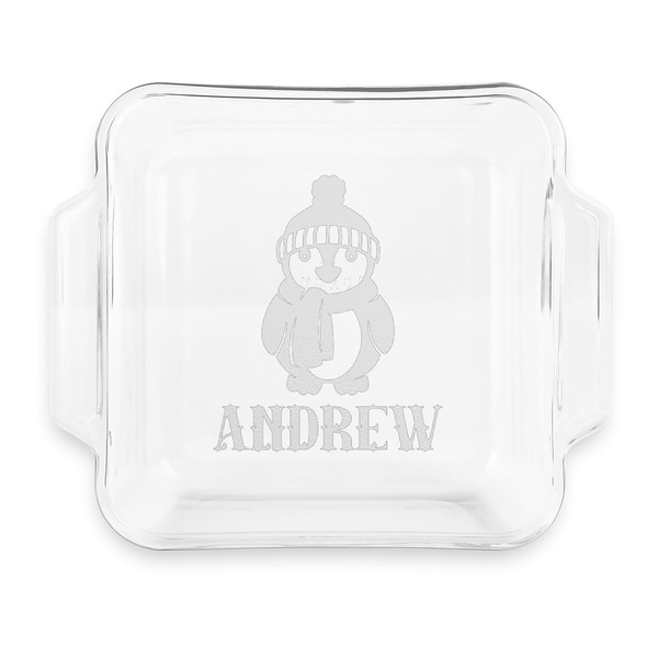 Custom Christmas Penguins Glass Cake Dish with Truefit Lid - 8in x 8in (Personalized)