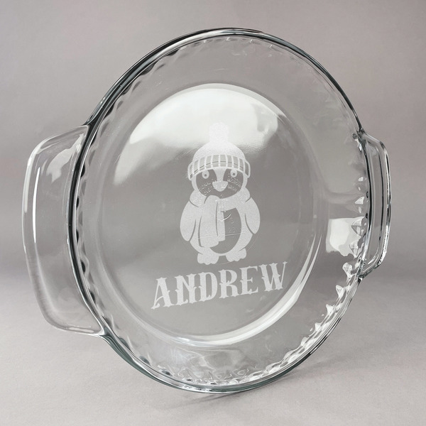 Custom Christmas Penguins Glass Pie Dish - 9.5in Round (Personalized)