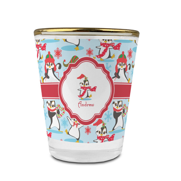 Christmas Penguins Glass Shot Glass - With gold rim - FRONT