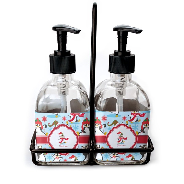 Custom Christmas Penguins Glass Soap & Lotion Bottle Set (Personalized)