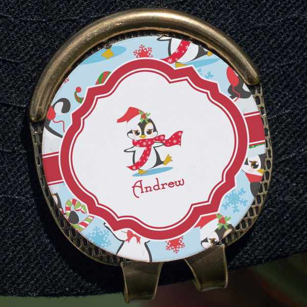 Christmas Penguins Golf Ball Marker Hat Clip - Gold - Close Up