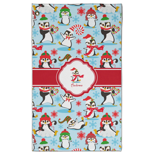Custom Christmas Penguins Golf Towel - Poly-Cotton Blend w/ Name or Text