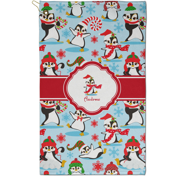 Custom Christmas Penguins Golf Towel - Poly-Cotton Blend - Small w/ Name or Text