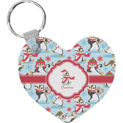 Christmas Penguins Heart Plastic Keychain w/ Name or Text