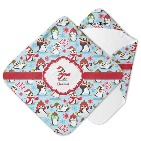 Custom Christmas Penguins Hooded Baby Towel (Personalized)
