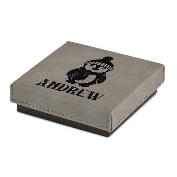 Custom Christmas Penguins Jewelry Gift Box - Engraved Leather Lid (Personalized)