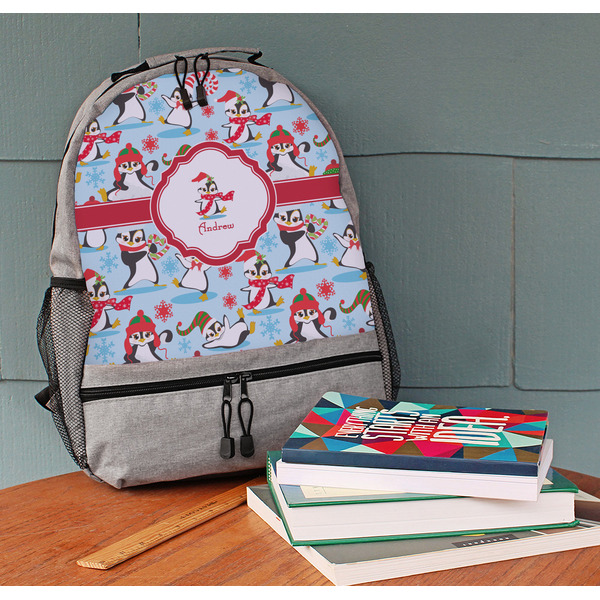 Christmas Penguins Large Backpack - Gray - On Desk
