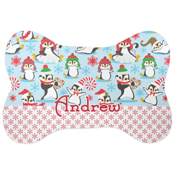 Custom Christmas Penguins Bone Shaped Dog Food Mat (Large) (Personalized)