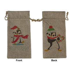 Christmas Penguins Large Burlap Gift Bag - Front & Back (Personalized)