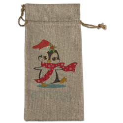 Christmas Penguins Large Burlap Gift Bag - Front (Personalized)