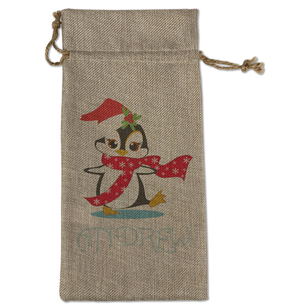 Custom Christmas Penguins Large Burlap Gift Bag - Front (Personalized)