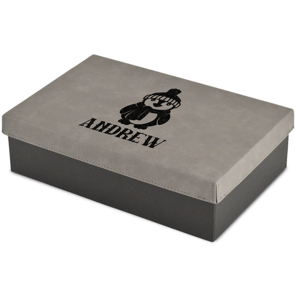 Custom Christmas Penguins Large Gift Box w/ Engraved Leather Lid (Personalized)