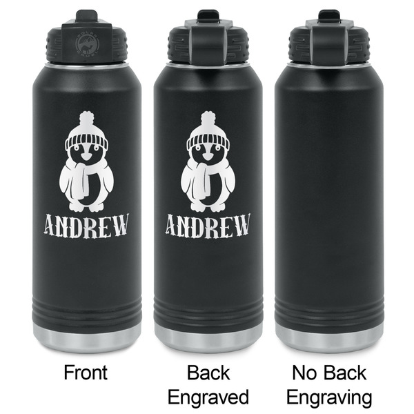 Christmas Penguins Laser Engraved Water Bottles - 2 Styles - Front & Back View