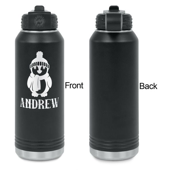 Christmas Penguins Laser Engraved Water Bottles - Front Engraving - Front & Back View