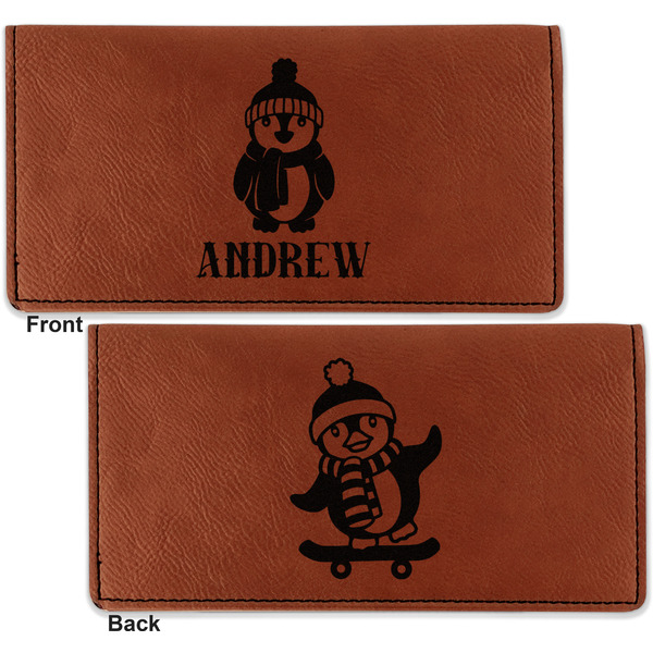 Christmas Penguins Leather Checkbook Holder Front and Back