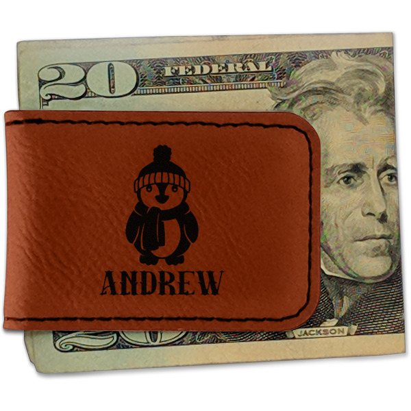Custom Christmas Penguins Leatherette Magnetic Money Clip - Single Sided (Personalized)