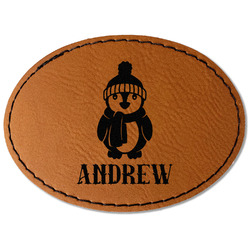 Christmas Penguins Faux Leather Iron On Patch - Oval (Personalized)
