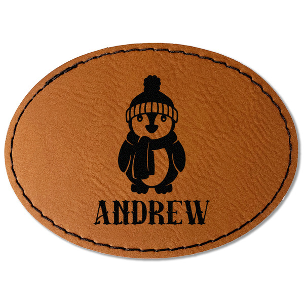 Custom Christmas Penguins Faux Leather Iron On Patch - Oval (Personalized)