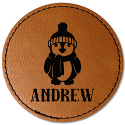 Christmas Penguins Faux Leather Iron On Patch - Round (Personalized)