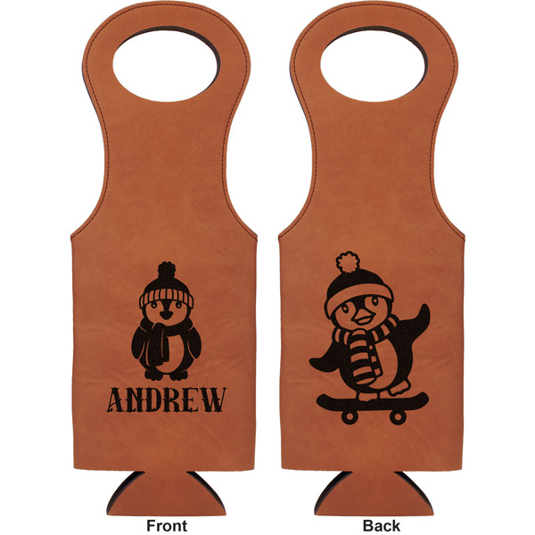 Christmas Penguins Leatherette Wine Tote Double Sided - Front and Back