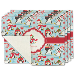 Christmas Penguins Single-Sided Linen Placemat - Set of 4 w/ Name or Text