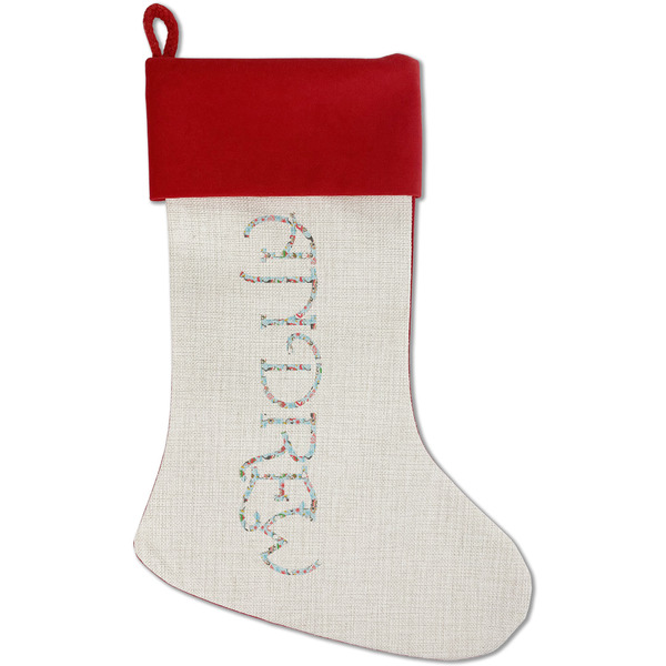 Custom Christmas Penguins Red Linen Stocking (Personalized)